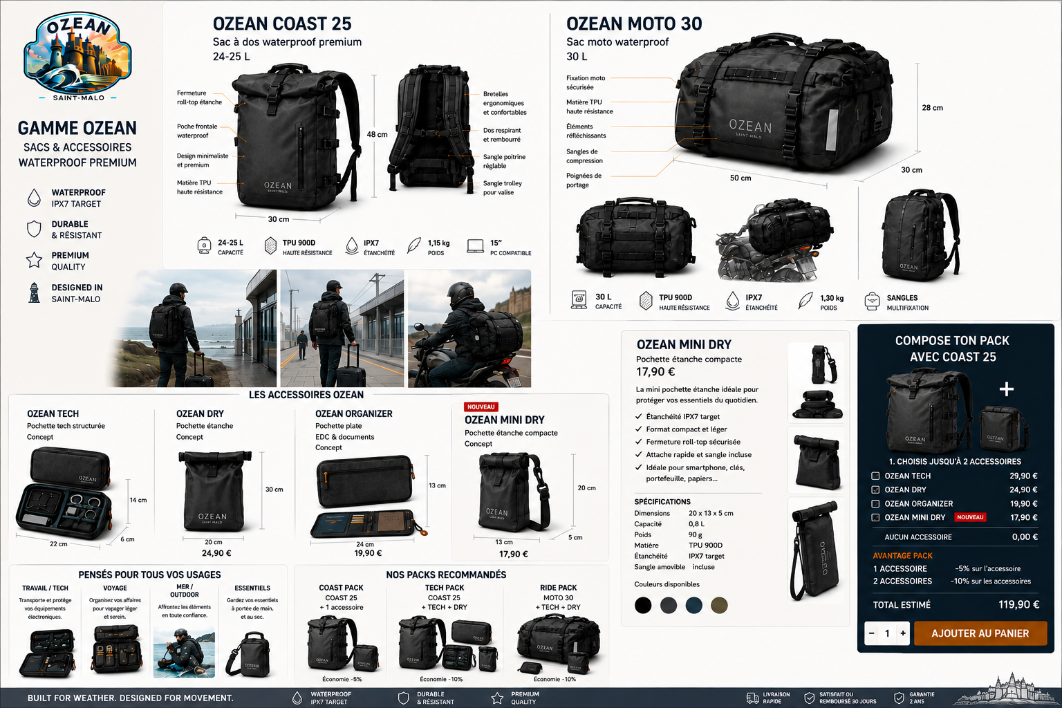 Gamme complète OZEAN avec les sacs COAST 25 et MOTO 30, les accessoires et le pack personnalisable